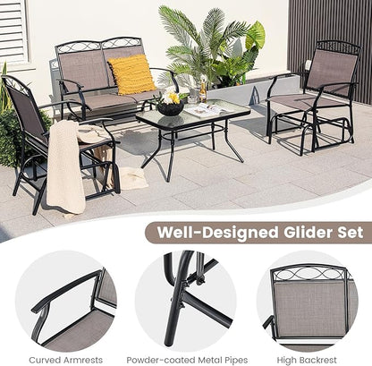 Tangkula 2 Pcs Patio Glider Conversation Set, Outdoor Gliding Loveseat w/Tempered Glass Coffee Table, Heavy-Duty Patio Furniture Set for Backyard, Porch, Poolside (2 PCS Patio Glider Set)