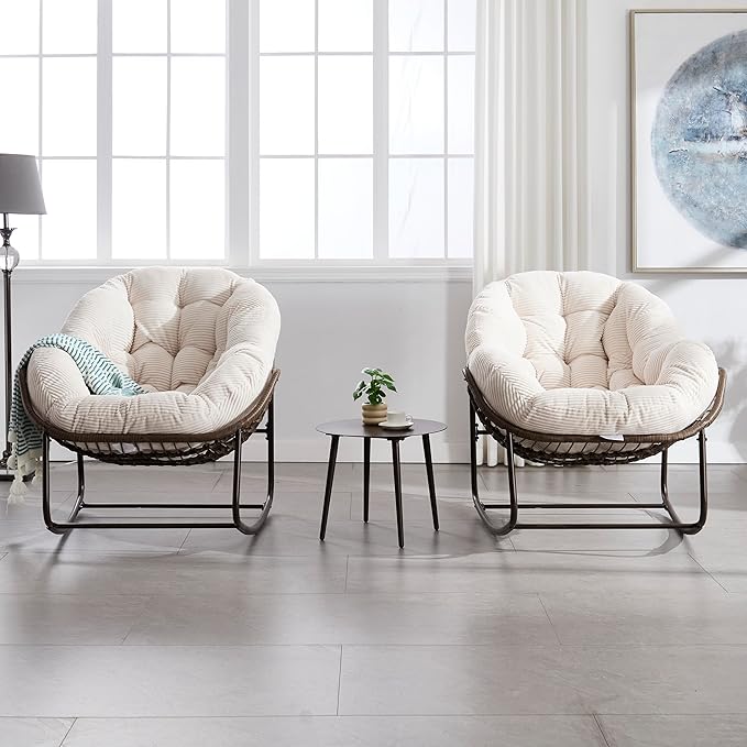 Large Indoor Rocking Chair Set of 2, Oversized Rocking Papasan Chair with Thick Cushion and Frame, Comfy Corduroy Rocker Wicker Egg Chairs Lounge Reading Chair for Living Room, Bedroom, White