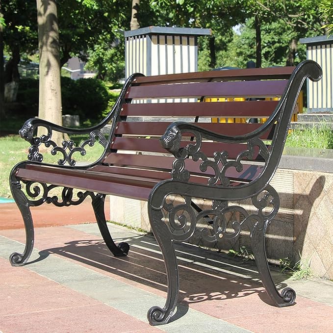 Garden Bench, Cast Iron Metal Frame Patio Park Bench, Wrought Iron Bench with Backrest and Armrests, Patio Bench with Wood Seat, Outside Furniture Decor, for Lawn, Park, Deck(Brown)