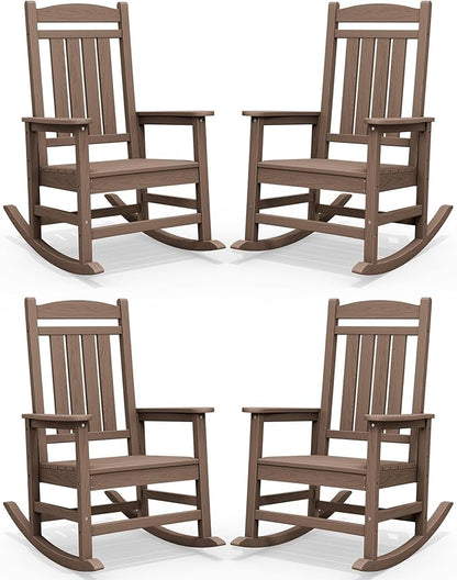 SERWALL HDPE Outdoor Rocking Chair Set of 4, Patio Rocking Chairs, All-Weather Porch Rockers for Adults, Brown