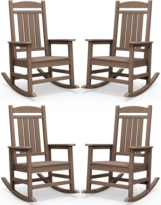 SERWALL HDPE Outdoor Rocking Chair Set of 4, Patio Rocking Chairs, All-Weather Porch Rockers for Adults, Brown