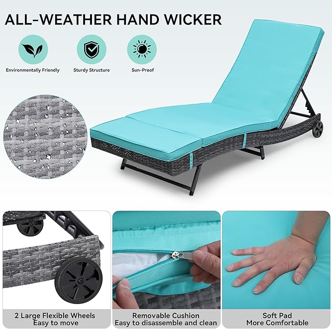 YITAHOME Rattan Lounge Chair Set of 2, Wicker Outdoor Chaise Lounge w/Wheels, Removable Cushion, 5-Position Backrest, Easy to Assemble Sun Lounger for Poolside Beach Balcony (Blue)