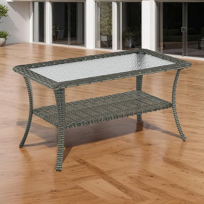 Rilyson Patio Tables Outdoor Coffee Table - Wicker Rattan Coffee Tables with 2-Tier Storage Shelf Glass Top for Outside Proch Deck Balcony Garden Rectangle Mixed Grey