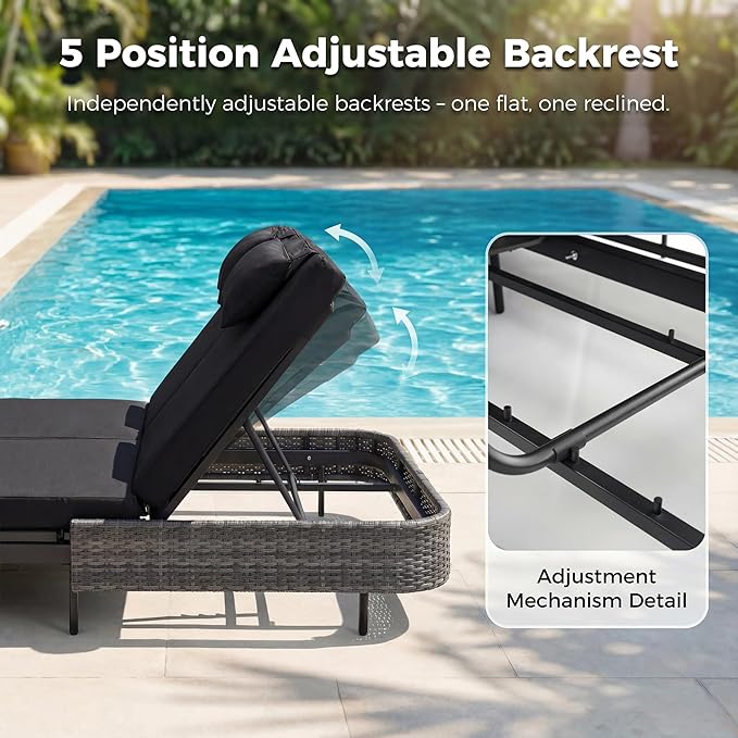 NICESOUL Double Chaise Lounge Outdoor, 51.2" Wide 2-Person Daybed with Independent Recline - Photo 5