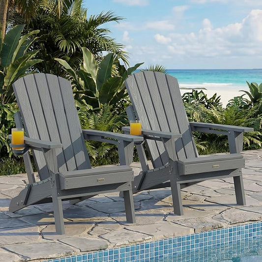 Adirondack Chairs Set of 2 for Outdoor Patio: Sturdy HDPE Plastic Fire Pit Chairs with Cup Holder & Wood Texture - Comfortable Easy to Assembly All-Weather Furniture - Easy Foldable and Stackable