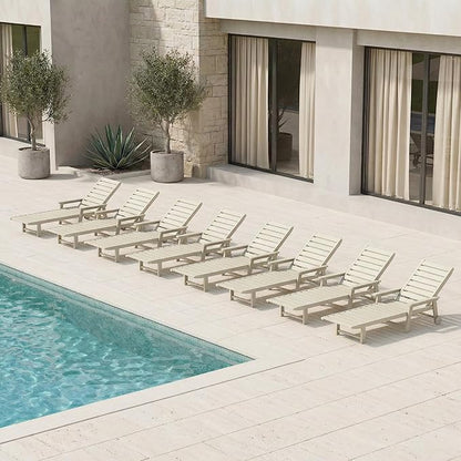 Adjustable Lounge Chair Outdoor Set of 8, HDPE Outdoor Chaise Lounge with Cup Holder & Wheels, Pool Lounge Chairs for Poolside, Backyard Pool, Patio, Beach, Deck, (White)