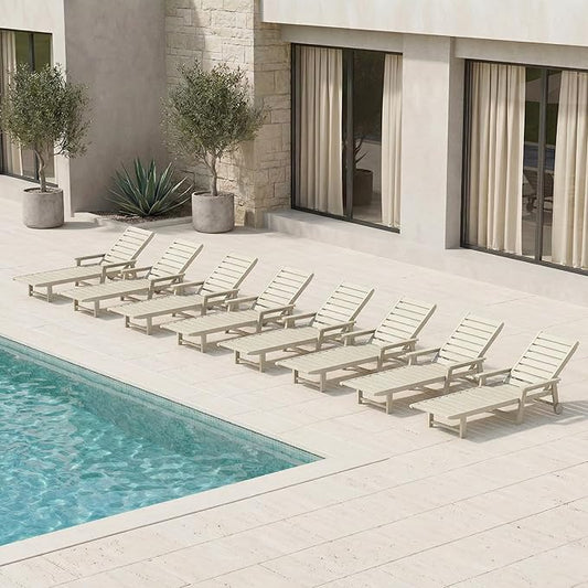 Adjustable Lounge Chair Outdoor Set of 8, HDPE Outdoor Chaise Lounge with Cup Holder & Wheels, Pool Lounge Chairs for Poolside, Backyard Pool, Patio, Beach, Deck, (White)