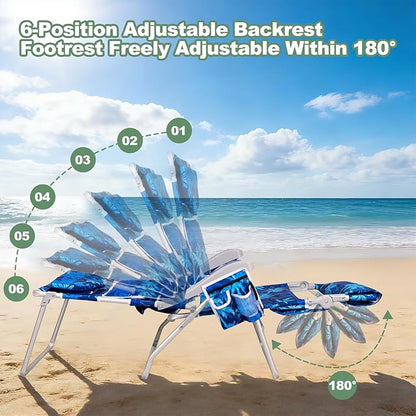 Romswi 3 in 1 Beach Chair with Face Hole, Reclining Sun Tanning Lounge Chair with Foot Rest, Cooler Bag & Cup Holder for Outdoor,Royal Blue with Palm Tree Print