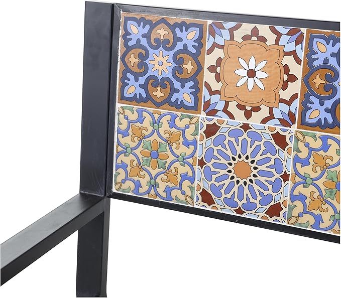 Deco 79 Metal Patio Outdoor Bench Mosaic Floral and Scroll Patio Bench with Orange and Blue Patterns, Bench 47" x 22" x 36", Black