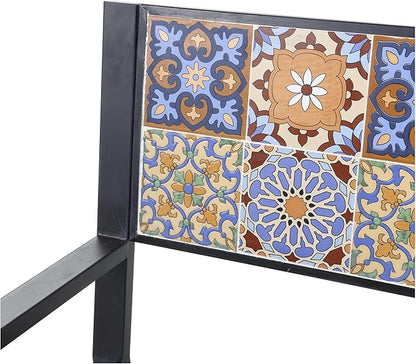 Deco 79 Metal Patio Outdoor Bench Mosaic Floral and Scroll Patio Bench with Orange and Blue Patterns, Bench 47" x 22" x 36", Black