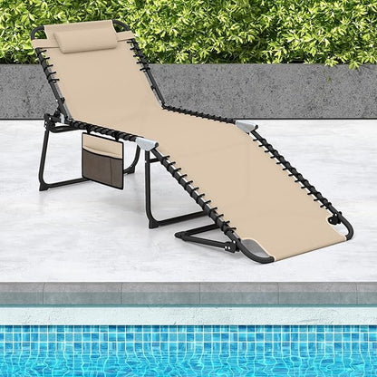 GYMAX Lounge Chair for Outside, 440lbs 27” Oversize Folding Beach Tanning Sunbath Chair with Adjustable Backrest & Removable Pillow, Lightweight Portable Patio Lounger for Lawn Poolside (Sand,1)