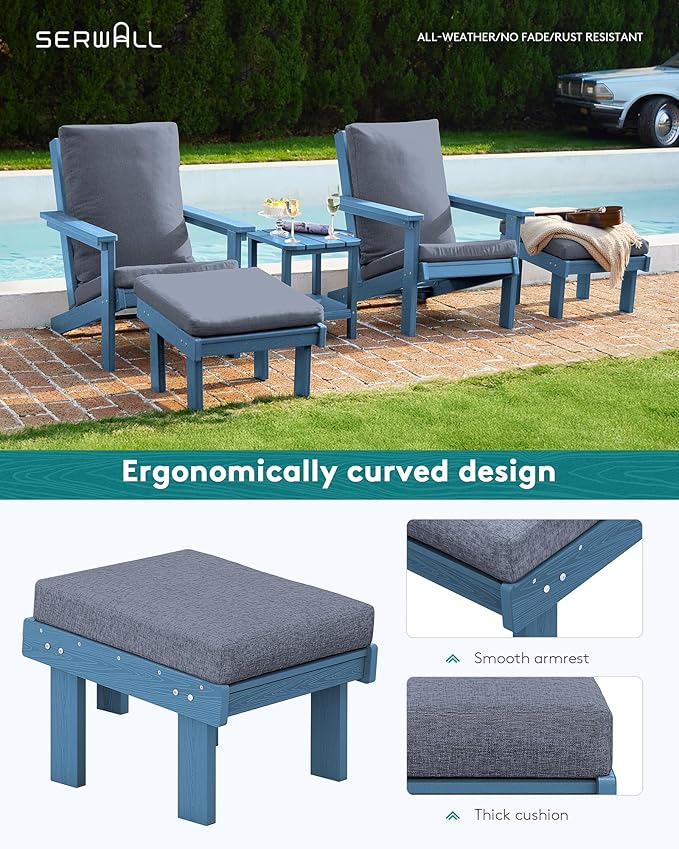 SERWALL Adirondack Chair Set of 2 with Cushion and Ottoman -All Weather HDPE Outdoor Adirondack Chair Set, Durable Adirondack Patio Chairs for Garden, Deck, or Poolside- Blue