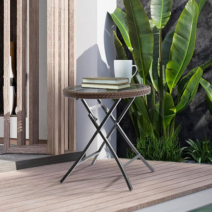 Outdoor Side Table, Round Rattan Patio Side Table, Small Foldable Wicker Table with Tempered Glass Table Top for Lawn Garden Balcony Porch Deck Pool