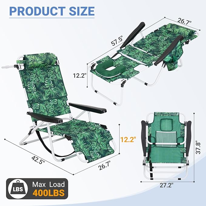 DoCred Heavy Duty Tanning Chair with Face Hole, Adjustable 5-Position Folding Chaise Lounge Chairs for Outside, Portable Lay Flat Beach Lounge Chair for Outdoor Sunbathing Beach Pool Lawn Camping