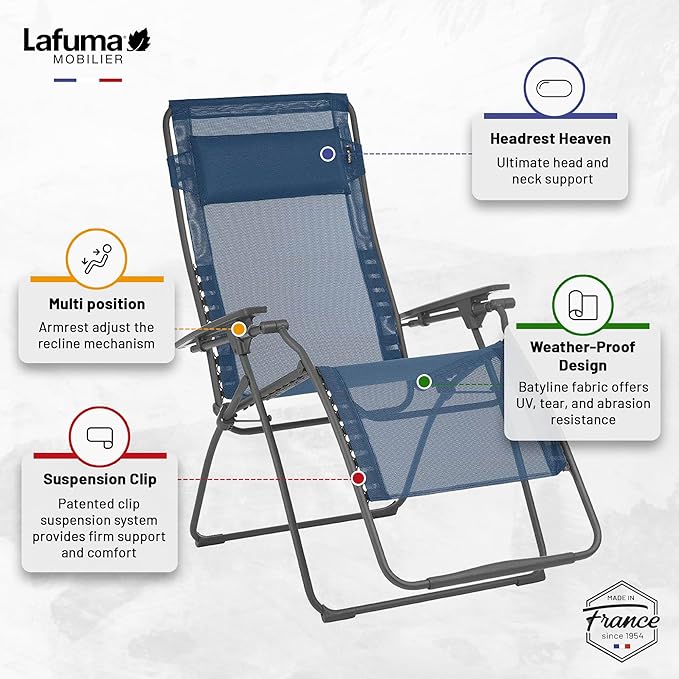 Lafuma Futura XL Zero Gravity Portable Ergonomic Outdoor Steel Framed Lawn Patio Recliner Folding Lounge Chair with Headrest Cushion, Ocean Blue