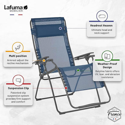 Lafuma Futura XL Zero Gravity Portable Ergonomic Outdoor Steel Framed Lawn Patio Recliner Folding Lounge Chair with Headrest Cushion, Ocean Blue