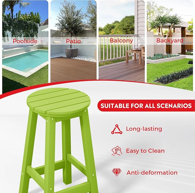 Costaelm 24" Height Outdoor Bar Stools, All-Weather Bar Stools, Adirondack Poly Patio Round Bar Stool for Patio, Deck, Kitchen Counter and Garden, Lime