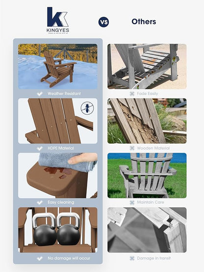 KINGYES Folding Adirondack Chair with Dual Cup Holders - HDPE All-Weather Outdoor Chairs, Wood-Like Patio Chair for Backyard, Camping, Pool & Fire Pit, Brown