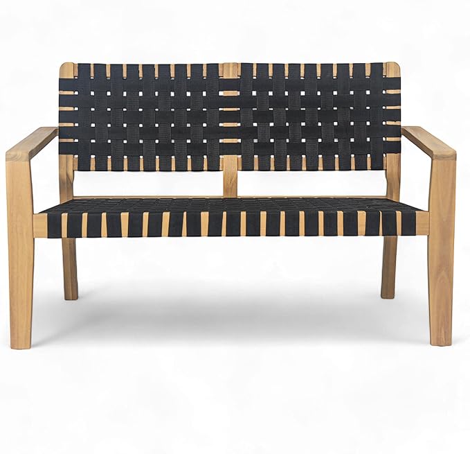 Merax Patio Furniture Acacia Wood Bench, Woven Rope Outdoor Loveseat Sofa, 2-Person Deep Seating Porch Bench for Garden, Backyard Park Balcony, Light Teak Finish & Black