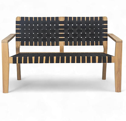 Christopher Knight Home Lenno Patio Loveseat, Acacia Wood Outdoor Bench, Woven Rope Armchair, 2 Seater Bench, Spacious Seating Sofa, Outdoor Acacia Wood Loveseat for Gardern Poolside Porch, Black