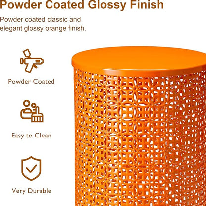 Glitzhome Outdoor Side Table Set of 2, Decorative Garden Stool for Patio Heavy Duty Metal Frame Accent Table Modern End Table, Glossy Orange