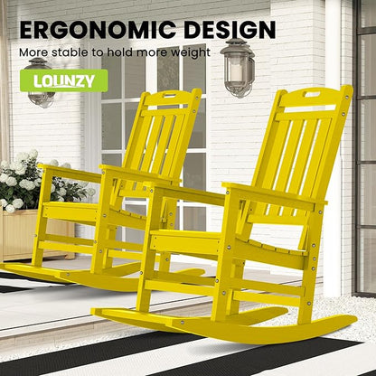 LOUNZY Outdoor Rocking Chair with Footboards Set of 2, HDPE Rocking Chair Patio Porch Rocker with 380lbs Support for Adult, Yellow