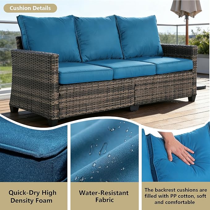 All Weather Patio Couch, 3 Seat Outdoor Couch with High Curved Back and Peacock Blue Thick Cushions - Photo 3