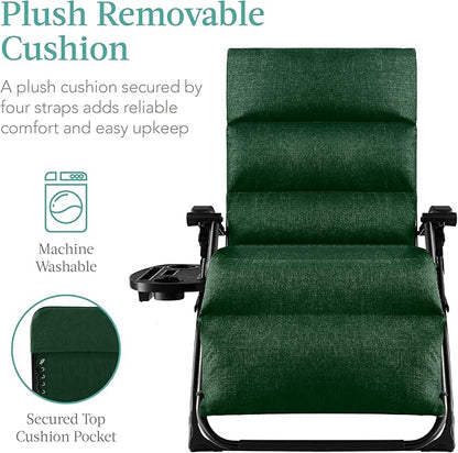 Best Choice Products Oversized Zero Gravity Chair, Folding Outdoor Patio Recliner, XL Anti Gravity Lounger w/Removable Cushion, Cup Holder, Side Tray, 350lb Capacity - Forest Green