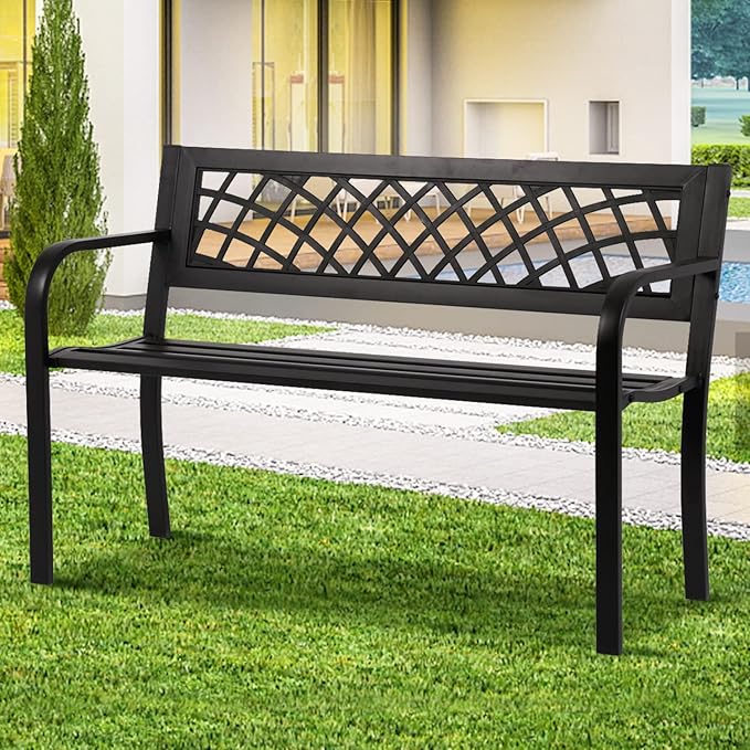 Anti-Rust Metal Bench Garden Bench with Back Porch Benches for Outdoor Cast Iron Steel Frame Chair Waterproof,Black, 480 lbs, 45 inches x21.7 inches x30 inches (LxWxH)