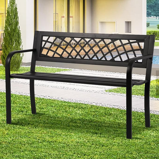 Anti-Rust Metal Bench Garden Bench with Back Porch Benches for Outdoor Cast Iron Steel Frame Chair Waterproof,Black, 480 lbs, 45 inches x21.7 inches x30 inches (LxWxH)