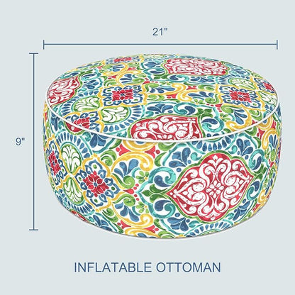 LVTXIII Indoor/Outdoor Inflatable Ottoman with Handle D21 x H9 Inch, Weather-Resistant Round Footstool Pouf for Patio Camping Living Room, Portable Footrest Extra Seating, Damask Red