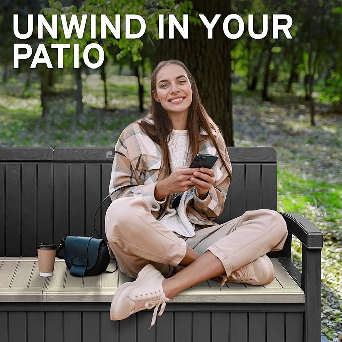 EconoHome 3 Seat Outdoor Storage Bench with Rain Cover - 90 Gallon Capacity - Weatherproof Resin Bench for Patio, Porch - Photo 6