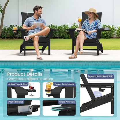 SERWALL Modern Adirondack Chair Set of 2, Folding Adirondack Chair with Dual Cup Holders, Outdoor HDPE Plastic Fire Pit Chairs for Patio Lawn Garden, Black