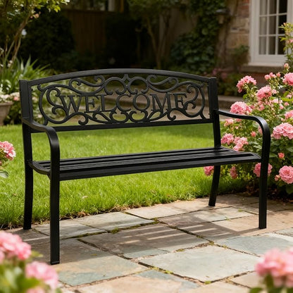 50" Outdoor Bench,Metal Outside Benches for Garden,Patio,Front Porch, Park, Yard, with Armrest and PVC Backrest,Weather Resistant,Iron,Support up to 750lbs,Black