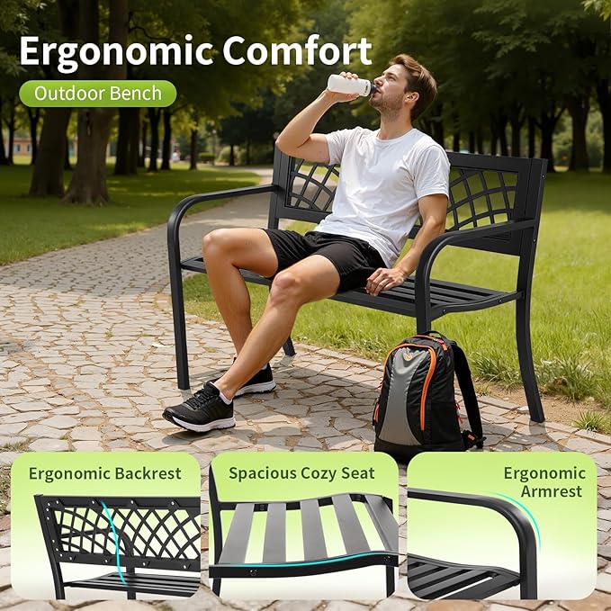 Outdoor Garden Bench, 2-Person Metal Patio Bench with Rust-Resistant Steel Frame & Mesh Pattern Plastic Backrest/Armrests, Black for Lawn Yard Porch Entryway Park