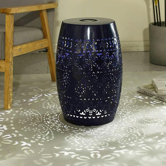 Christopher Knight Home Patio Side Table with Solar Powered Light, Outdoor Metal Coffee Table, Lace Cut Iron End Table, Patio Garden Stool with Cutout Design for Patio or Balcony, Blue