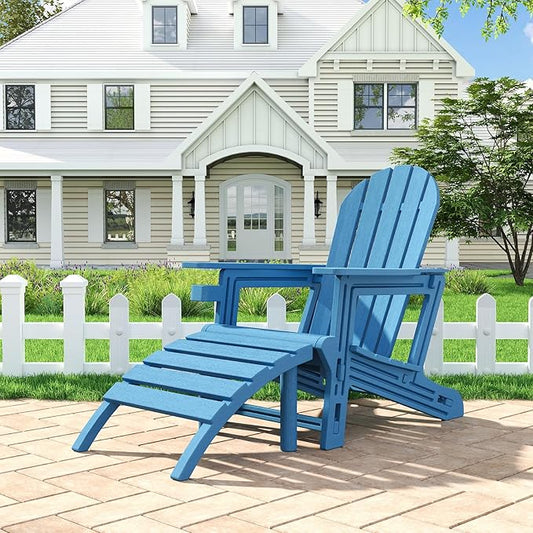 Adirondack Ottoman Tool-Free Assembly, HDPE All Weather Outdoor Foot Rest, Plastic Adirondack Chair Footstool for Patio Deck Backyard Outside(Blue)