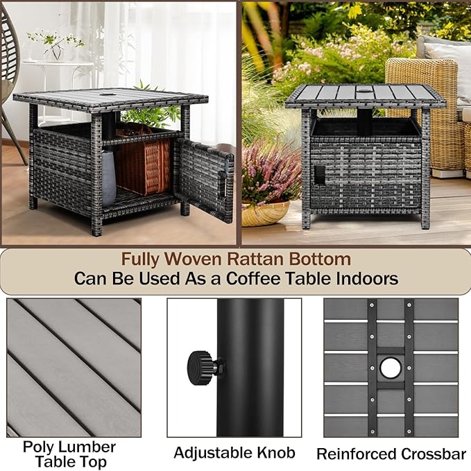 Outdoor Patio Side Table with Umbrella Hole Small Grey Wicker Umbrella Stand Table with 2 Weight Bags for Outside End Storage Coffee Table with Poly Lumber Top for Pool Garden Balcony Deck