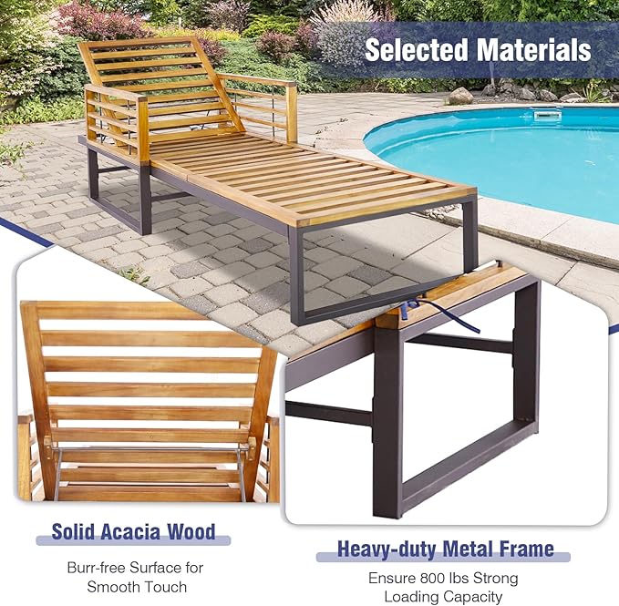 Tangkula Acacia Wood Patio Lounge Chair, Heavy Duty Outdoor Chaise Recliner with with 4 Level Adjustable Backrest, Foam-Padded Cushion, 800 lbs Weight Capacity, for Poolside, Garden, Deck (1, Navy)