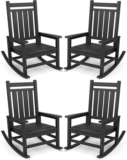 SERWALL Oversized Outdoor Rocking Chair Set of 4, HDPE Rocker for Adults, Patio Rocking Chairs for Porch, Black