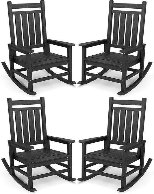 SERWALL Oversized Outdoor Rocking Chair Set of 4, HDPE Rocker for Adults, Patio Rocking Chairs for Porch, Black