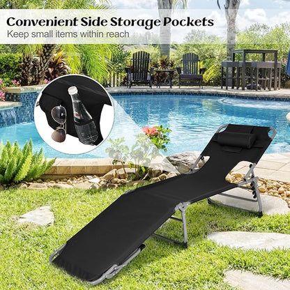 GYMAX Tanning Chair, Folding Lounger with Face/Arm Holes, Carry Handles & Side Pocket, Portable Lightweight Layout Beach Chair for Outdoor/Indoor, Face Down Sun Lounger (2, Black)