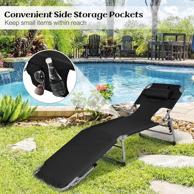GYMAX Tanning Chair, Folding Lounger with Face/Arm Holes, Carry Handles & Side Pocket - Photo 3