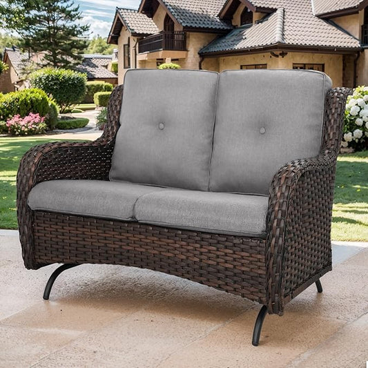 Patio Loveseat Wicker Loveseat Rattan Glider Sofa with Curved Armrest Thicking Back & Seat Cushions for Garden Balcony Backyard Brown Wicker|Grey Cushions (A) Patio Loveseat Glider