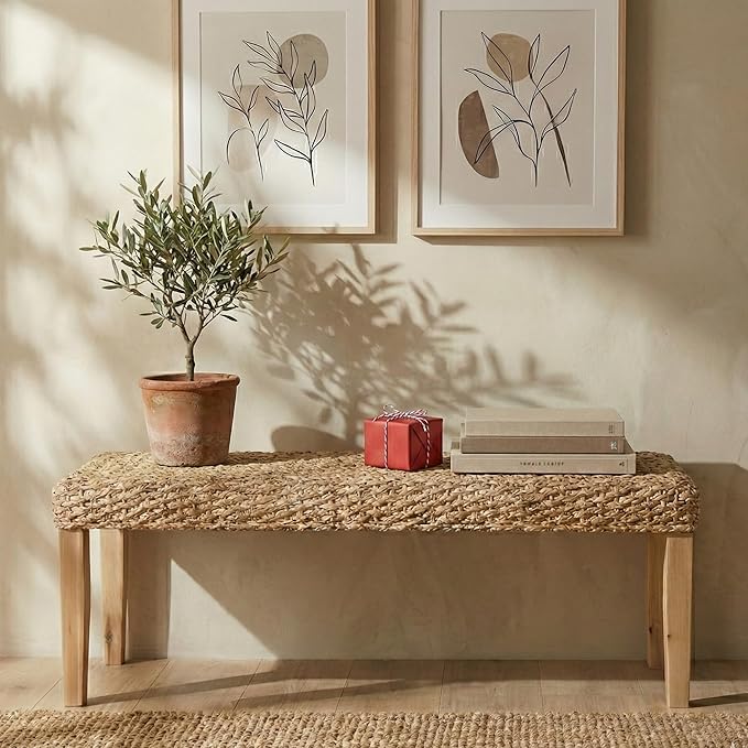 Indoor Bench Wicker for Entryway Bench, Wood Bench for Living Room Dining Bench or End of Bed Bench - Photo 8