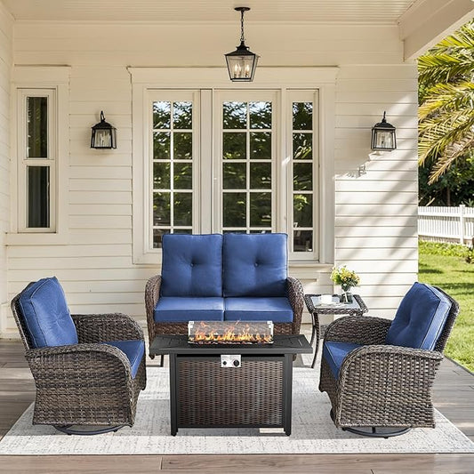 5 Pieces Patio Furniture Set with Fire Pit Table-All Weather Rattan Wicker Outdoor Glider Bench with Outdoor Swivel Chair Outdoor Furniture for Deck Porch Garden Balcony Poolside-Brown/Blue