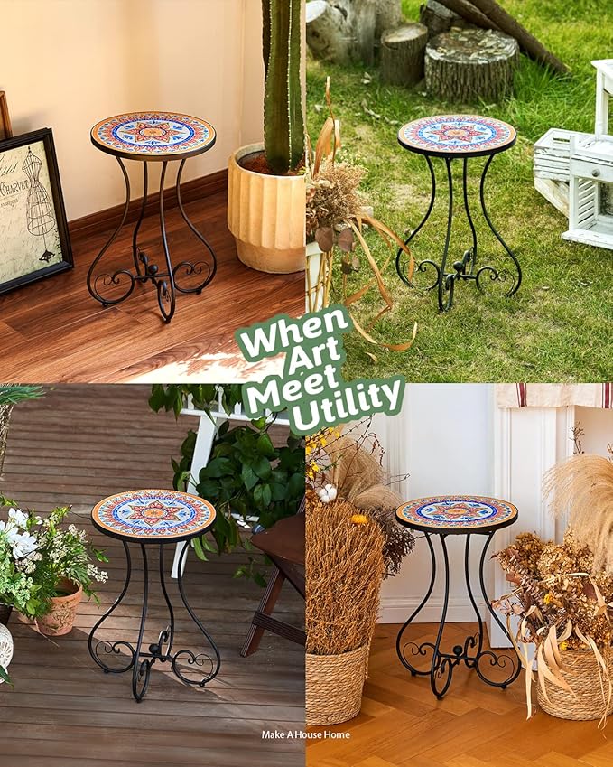 VONLUCE Outdoor Side Table and Mosaic Plant Stand, Round End Table with 14" Ceramic Tile Top for Patio Porch Decor, 21" Tall Indoor Outdoor Accent Table, Small Coffee Table for Home Garden, Ukrainian