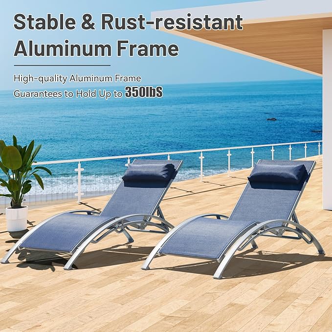 Outdoor Chaise Lounge Set of 2, Aluminum Patio Outdoor Lounge Chair for Beach Pool Sunbathing, Lawn Lounger Recliner Chair with 5 Adjustable Position, Outside Tanning Chairs with Armrest, Blue