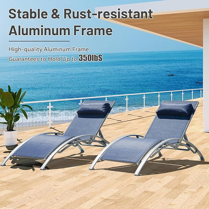 Outdoor Chaise Lounge Set of 3, Aluminum Patio Outdoor Lounge Chair for Beach Pool Sunbathing, Lawn Lounger Recliner Chair with 5 Adjustable Position, Outside Tanning Chairs with Armrest, Blue