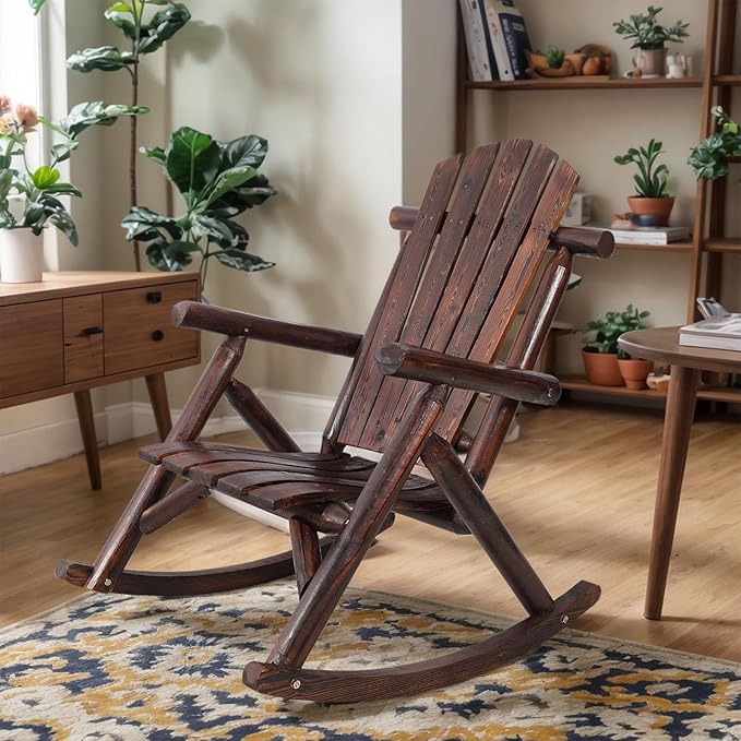 Wooden Rocking Chair Outdoor, Ergonomic High Back Patio Rocking Chairs, Porch Rocker for Backyard/Lawn/Patio/Garden/Balcony/FirePit/Indoor (Brown)
